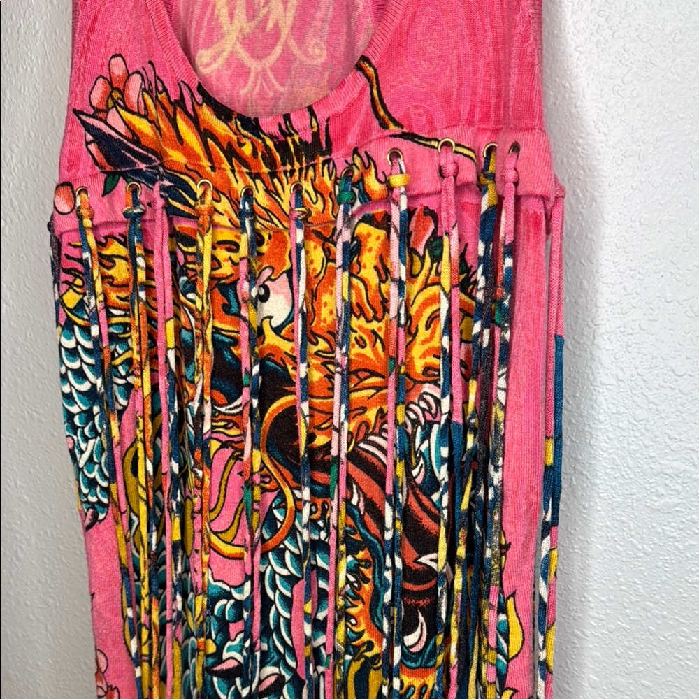 Christian Audigier Pink Tank Sweater Dress w Graphic Design Fringe‎ Y2K - Picture 6 of 17